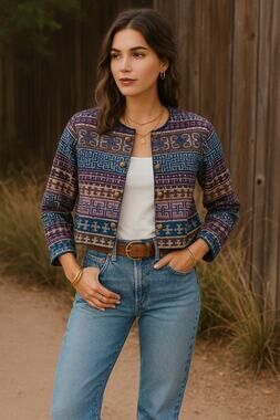 Vintage The J. Peterman Co. Woven Geometric Jacket Purple Small Cotton Colorful